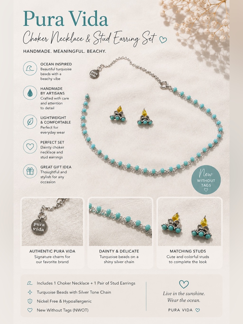Pura Vida Turquoise Choker Necklace & Stud Earrings Set – NWOT